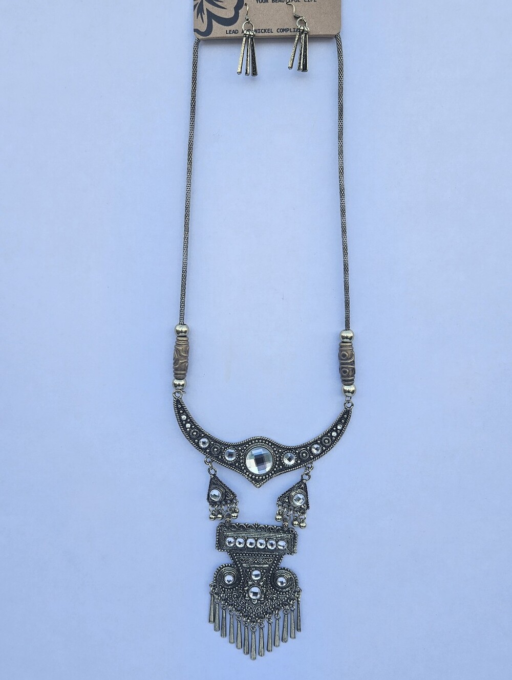 Boho Silver-Tone Rhinestone Statement Bib Necklace & Matching Earrings Set NWT